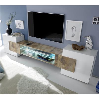 Meuble TV moderne blanc laqué brillant et couleur bois ARGOS 2
